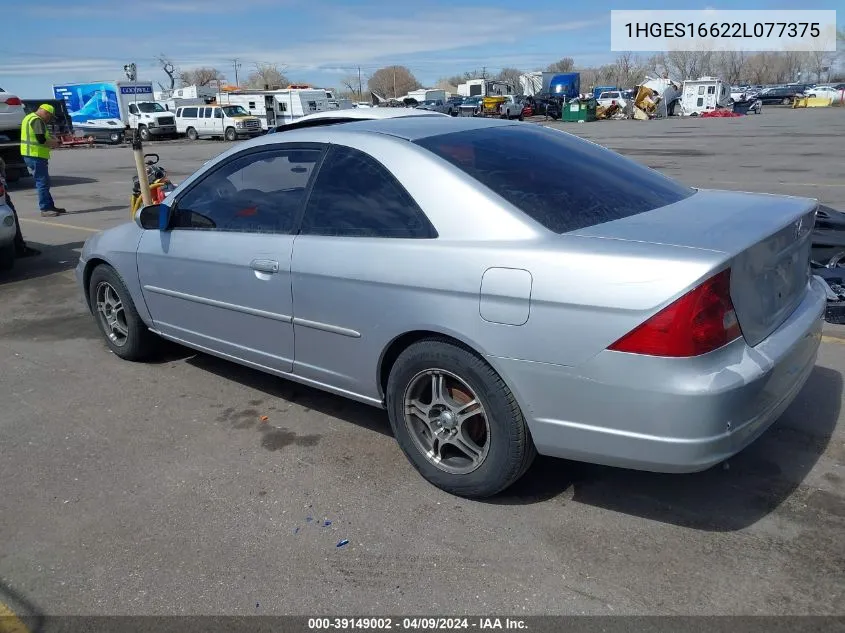 2002 Honda Civic Lx VIN: 1HGES16622L077375 Lot: 39149002