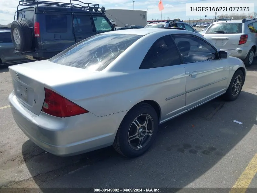 2002 Honda Civic Lx VIN: 1HGES16622L077375 Lot: 39149002