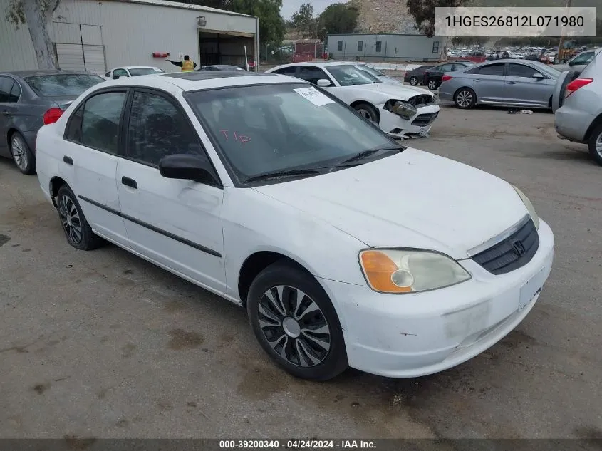 2002 Honda Civic Ex VIN: 1HGES26812L071980 Lot: 39200340