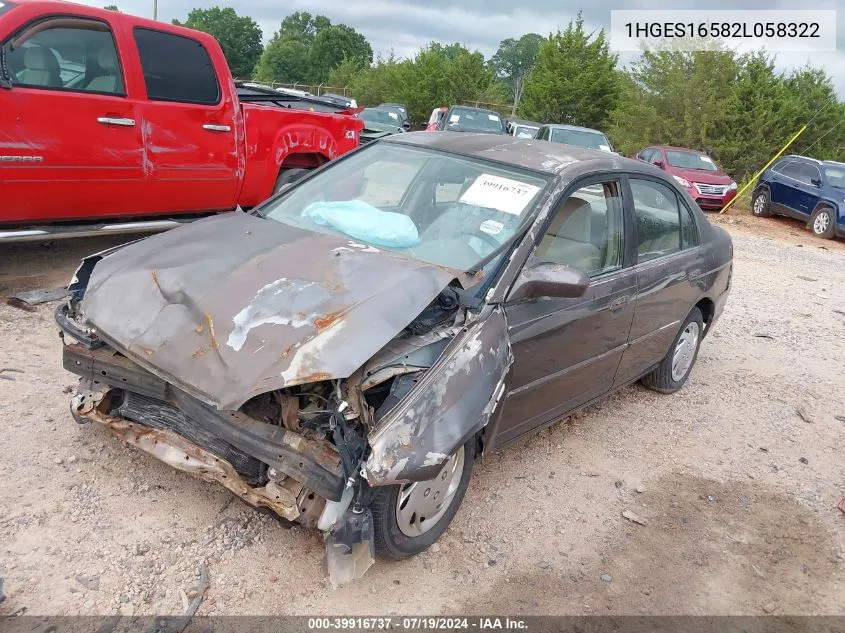 2002 Honda Civic Lx VIN: 1HGES16582L058322 Lot: 39916737