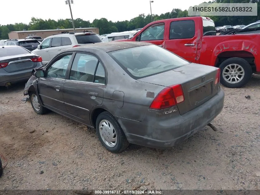 2002 Honda Civic Lx VIN: 1HGES16582L058322 Lot: 39916737