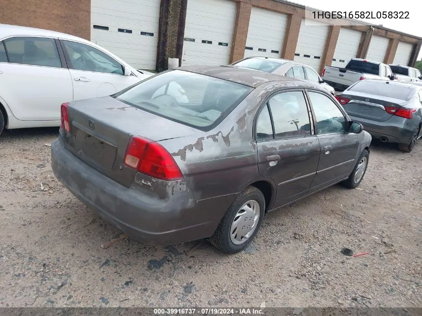 2002 Honda Civic Lx VIN: 1HGES16582L058322 Lot: 39916737