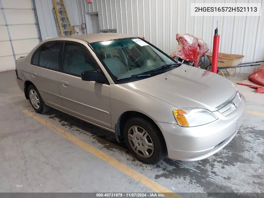 2002 Honda Civic Lx VIN: 2HGES16572H521113 Lot: 40731979