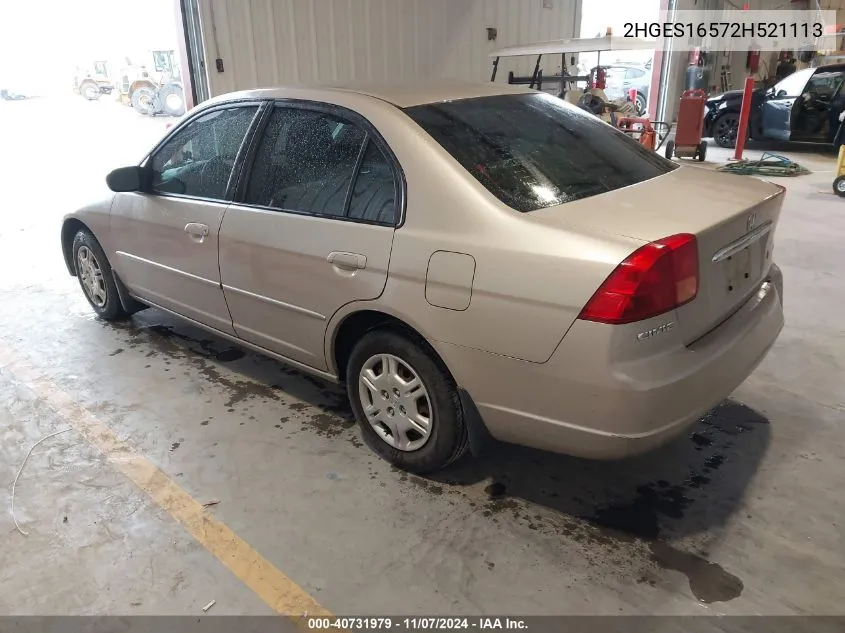 2002 Honda Civic Lx VIN: 2HGES16572H521113 Lot: 40731979