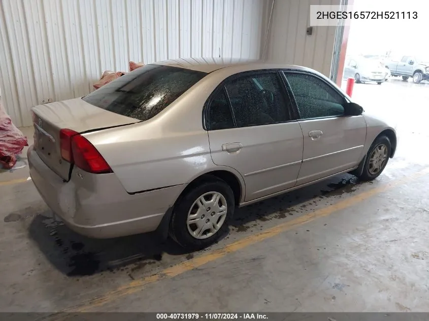 2002 Honda Civic Lx VIN: 2HGES16572H521113 Lot: 40731979