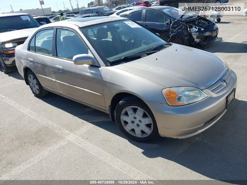 2002 Honda Civic Ex VIN: JHMES26712S003110 Lot: 40738859