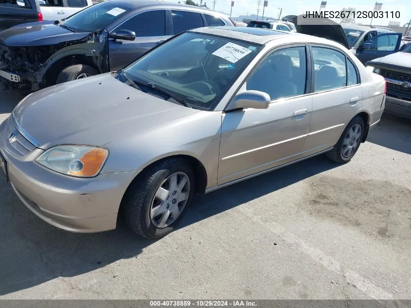 2002 Honda Civic Ex VIN: JHMES26712S003110 Lot: 40738859