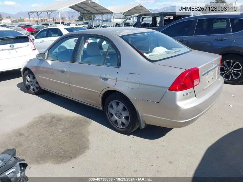 2002 Honda Civic Ex VIN: JHMES26712S003110 Lot: 40738859