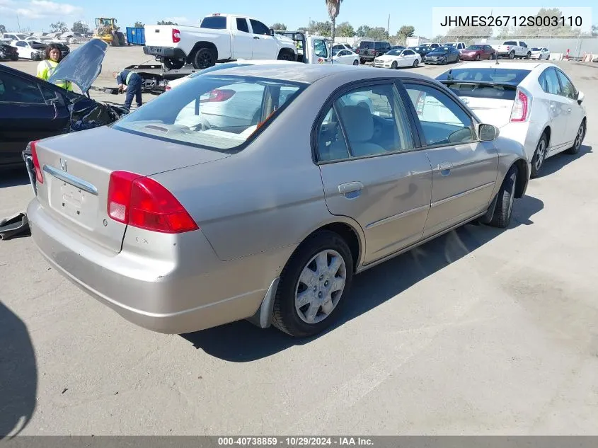 2002 Honda Civic Ex VIN: JHMES26712S003110 Lot: 40738859