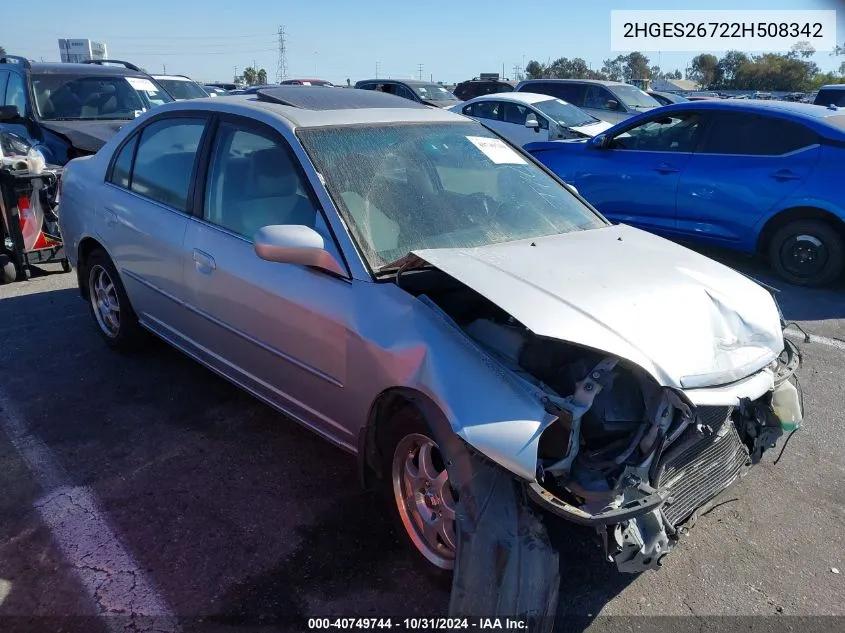 2002 Honda Civic Ex VIN: 2HGES26722H508342 Lot: 40749744