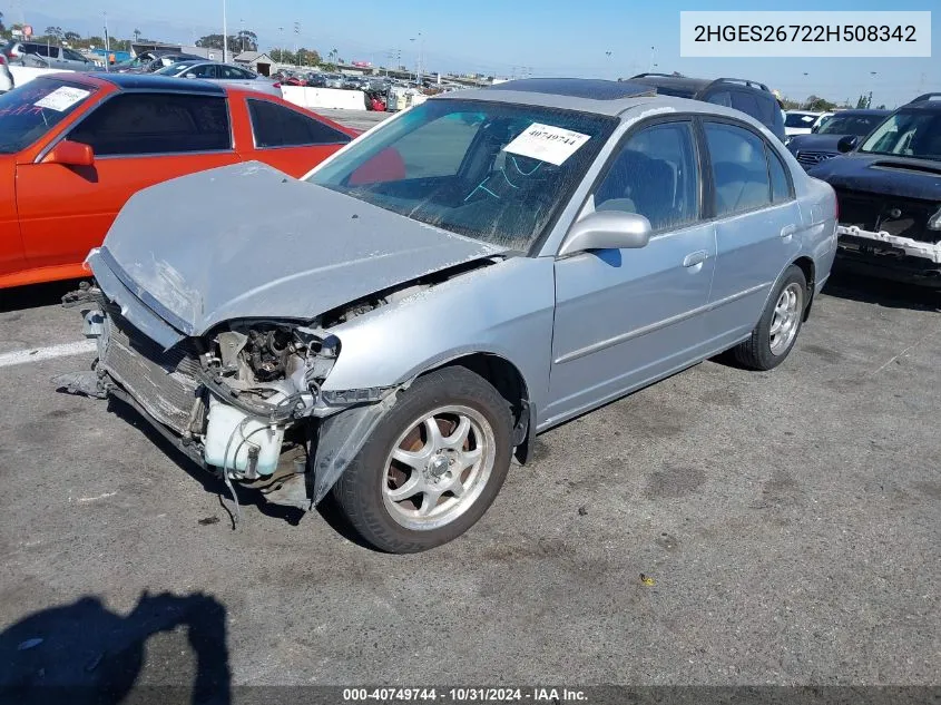 2002 Honda Civic Ex VIN: 2HGES26722H508342 Lot: 40749744