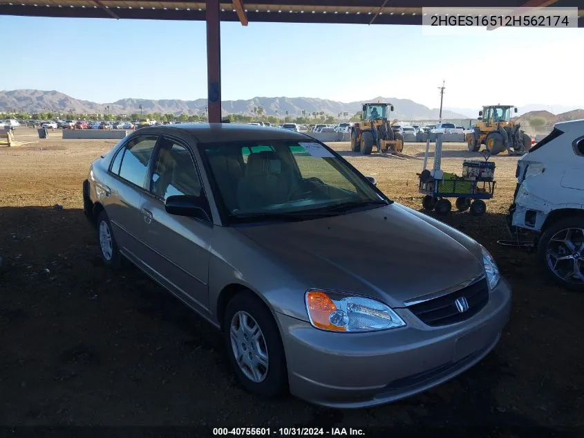 2002 Honda Civic Lx VIN: 2HGES16512H562174 Lot: 40755601