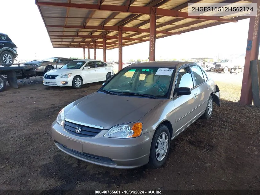 2002 Honda Civic Lx VIN: 2HGES16512H562174 Lot: 40755601