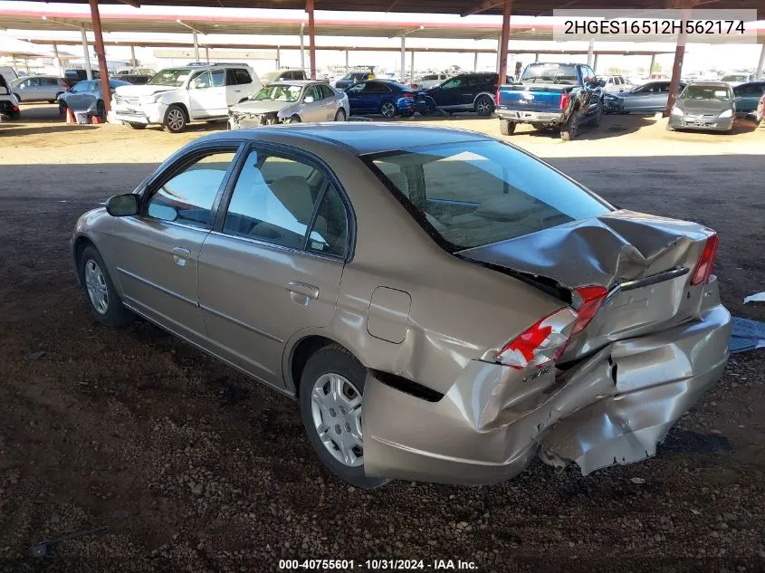 2002 Honda Civic Lx VIN: 2HGES16512H562174 Lot: 40755601