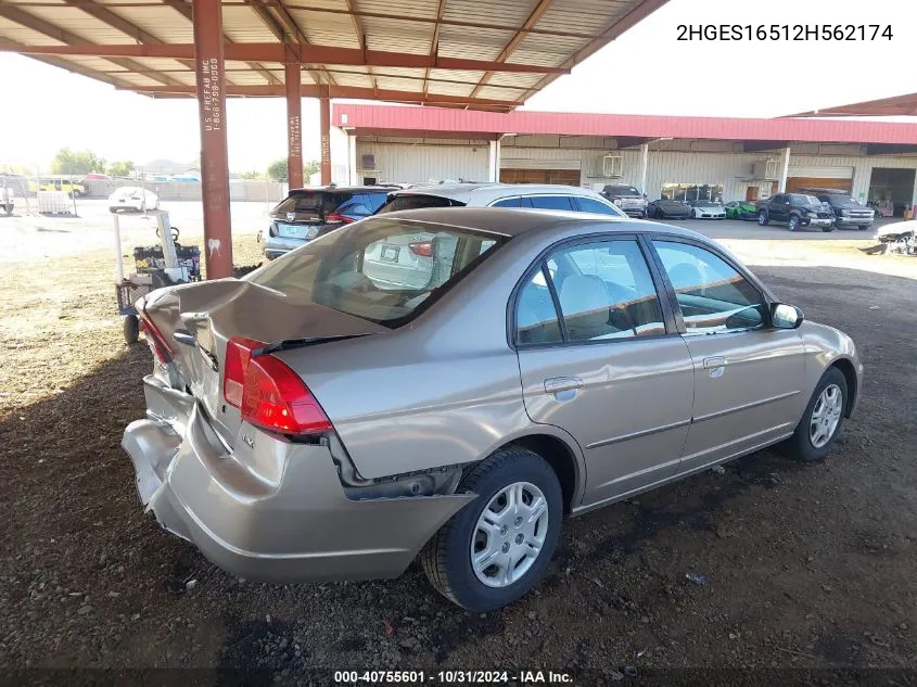 2002 Honda Civic Lx VIN: 2HGES16512H562174 Lot: 40755601