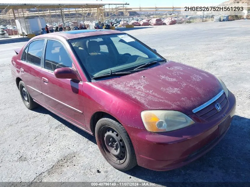 2002 Honda Civic Ex VIN: 2HGES26752H561293 Lot: 40796149