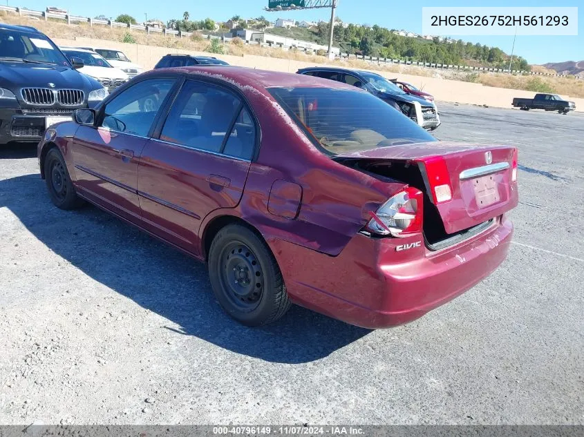 2002 Honda Civic Ex VIN: 2HGES26752H561293 Lot: 40796149