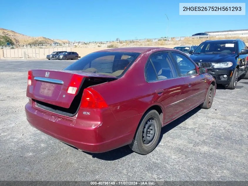 2002 Honda Civic Ex VIN: 2HGES26752H561293 Lot: 40796149