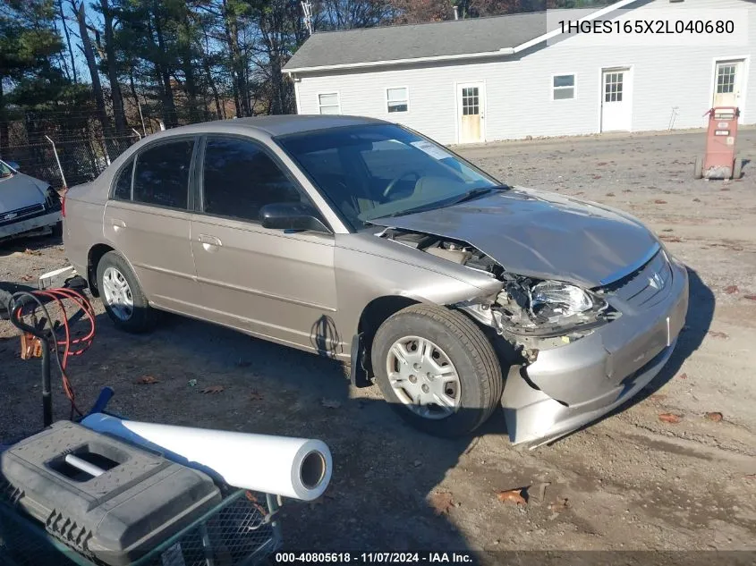 2002 Honda Civic Lx VIN: 1HGES165X2L040680 Lot: 40805618