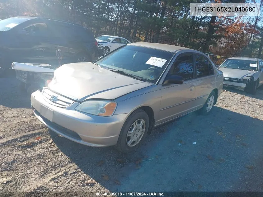 2002 Honda Civic Lx VIN: 1HGES165X2L040680 Lot: 40805618