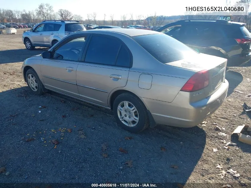 2002 Honda Civic Lx VIN: 1HGES165X2L040680 Lot: 40805618