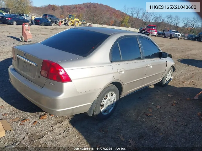 2002 Honda Civic Lx VIN: 1HGES165X2L040680 Lot: 40805618