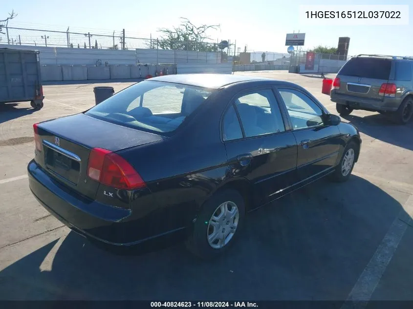 2002 Honda Civic Lx VIN: 1HGES16512L037022 Lot: 40824623