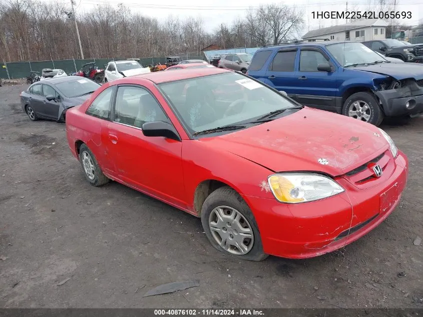 2002 Honda Civic Lx VIN: 1HGEM22542L065693 Lot: 40876102