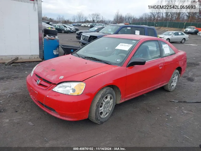 2002 Honda Civic Lx VIN: 1HGEM22542L065693 Lot: 40876102