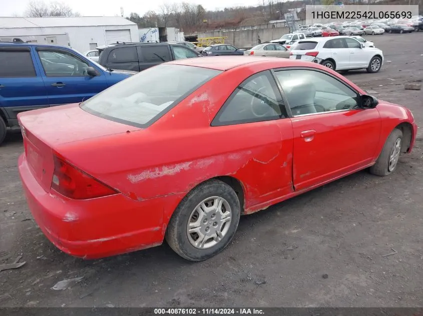 2002 Honda Civic Lx VIN: 1HGEM22542L065693 Lot: 40876102