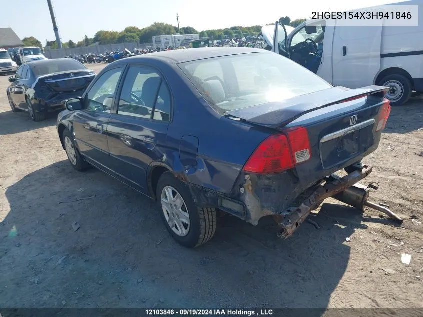 2003 Honda Civic Sdn VIN: 2HGES154X3H941846 Lot: 12103846