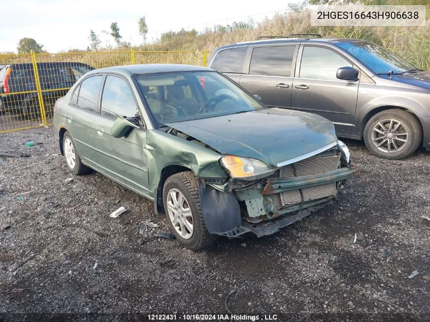 2003 Honda Civic Sdn VIN: 2HGES16643H906638 Lot: 12122431