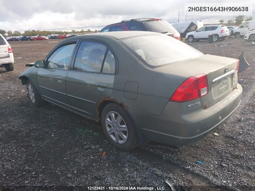 2003 Honda Civic Sdn VIN: 2HGES16643H906638 Lot: 12122431