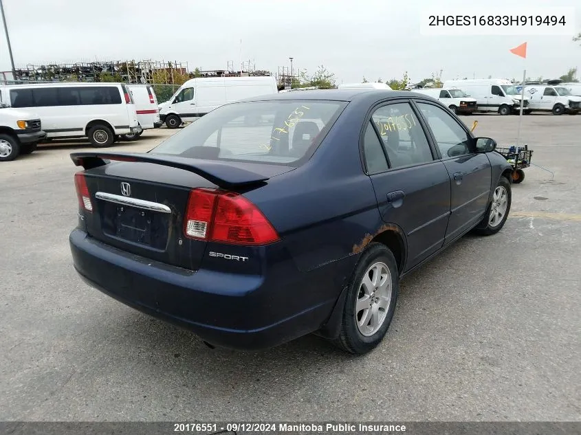 2003 Honda Civic Sport VIN: 2HGES16833H919494 Lot: 20176551