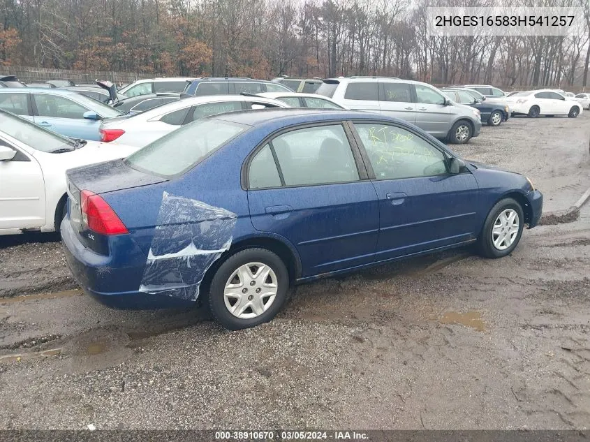 2003 Honda Civic Lx VIN: 2HGES16583H541257 Lot: 38910670