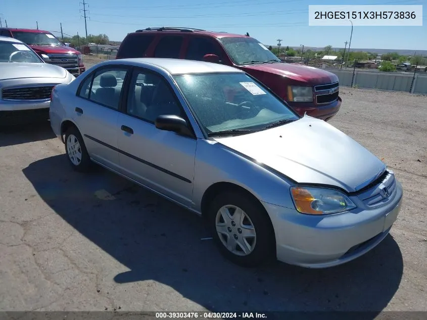 2003 Honda Civic Dx VIN: 2HGES151X3H573836 Lot: 39303476