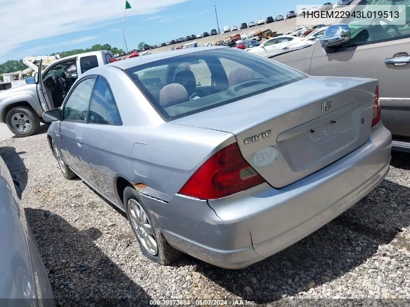 2003 Honda Civic Ex VIN: 1HGEM22943L019513 Lot: 39373684