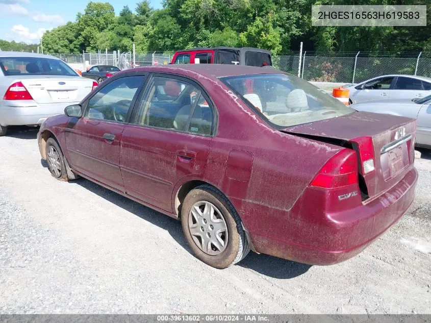 2003 Honda Civic Lx VIN: 2HGES16563H619583 Lot: 39613602