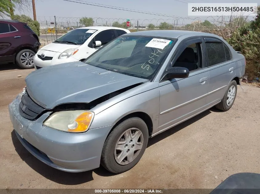 2003 Honda Civic Lx VIN: 2HGES16513H504485 Lot: 39705008