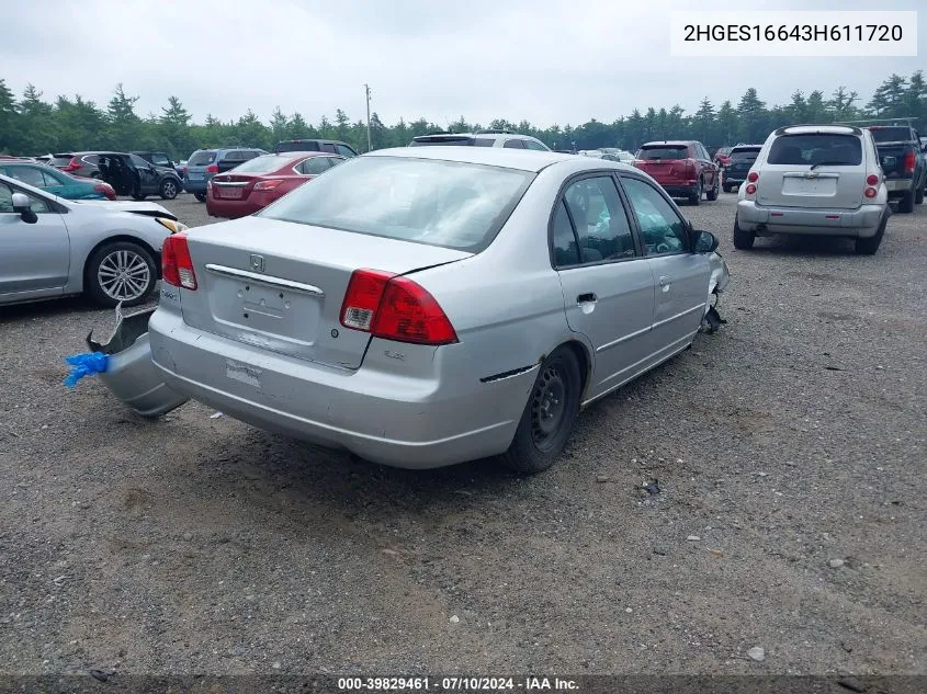 2003 Honda Civic Lx VIN: 2HGES16643H611720 Lot: 39829461