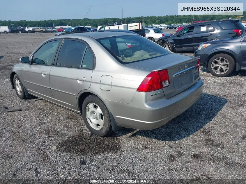 2003 Honda Civic Hybrid VIN: JHMES966X3S020344 Lot: 39946260