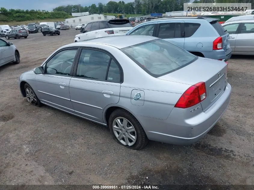 2003 Honda Civic Ex VIN: 2HGES26883H534647 Lot: 39959951