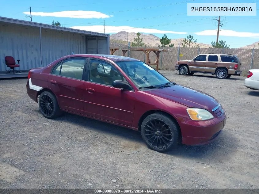 2003 Honda Civic Lx VIN: 2HGES16583H620816 Lot: 39985079