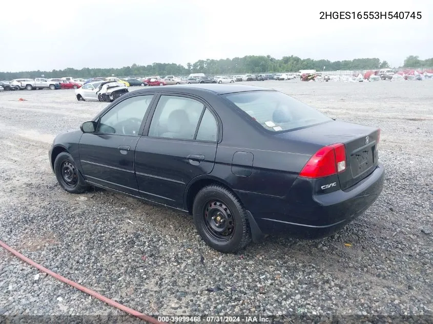 2003 Honda Civic Lx VIN: 2HGES16553H540745 Lot: 39999468