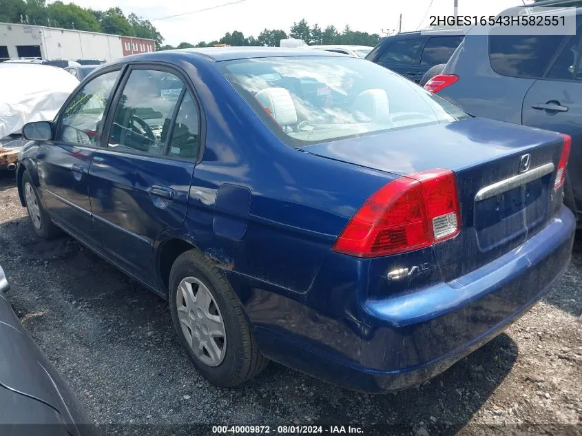 2003 Honda Civic Lx VIN: 2HGES16543H582551 Lot: 40009872