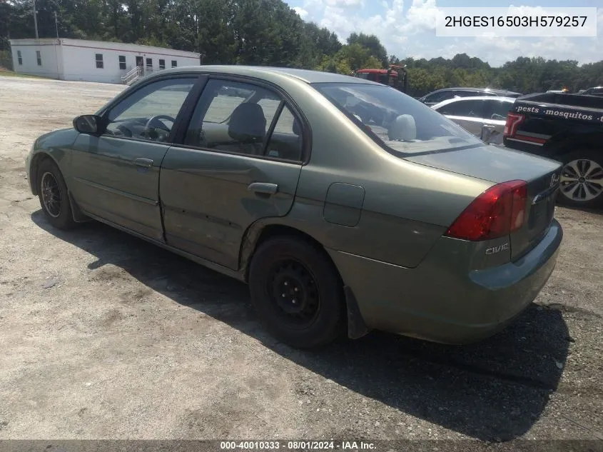 2003 Honda Civic Lx VIN: 2HGES16503H579257 Lot: 40010333