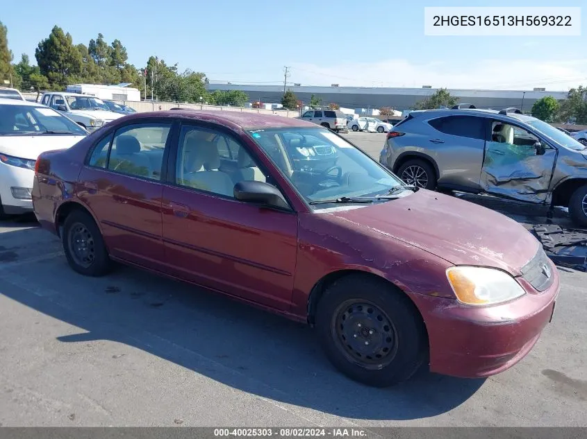 2003 Honda Civic Lx VIN: 2HGES16513H569322 Lot: 40025303