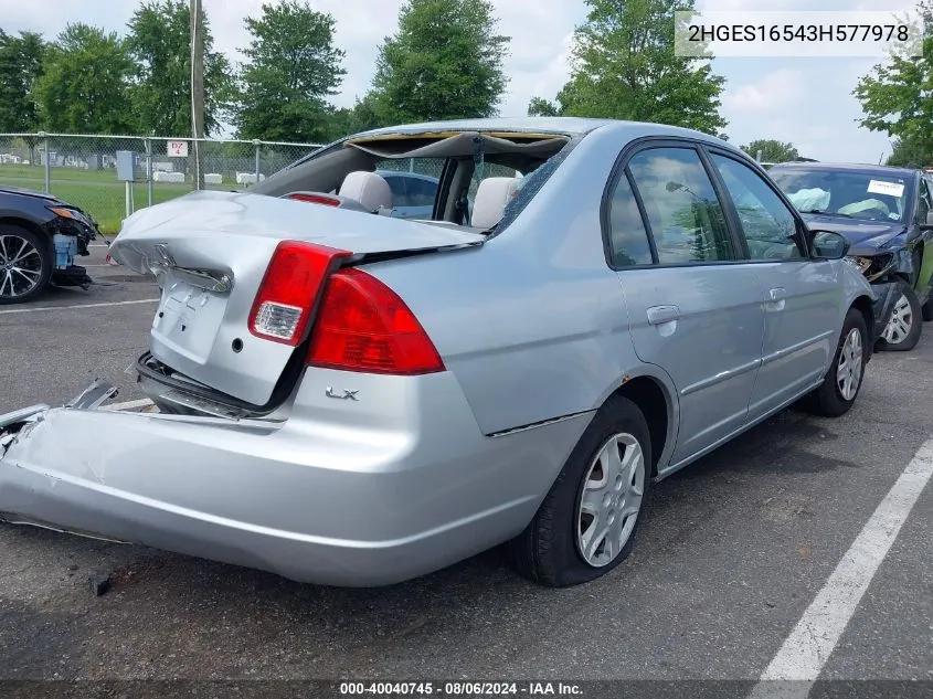 2003 Honda Civic Lx VIN: 2HGES16543H577978 Lot: 40040745