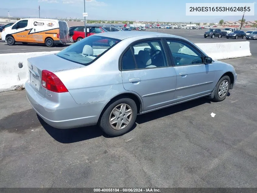 2003 Honda Civic Lx VIN: 2HGES16553H624855 Lot: 40055104