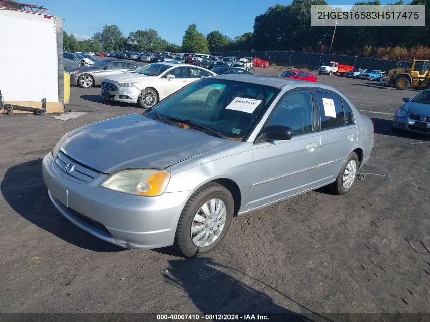 2003 Honda Civic Lx VIN: 2HGES16583H517475 Lot: 40067410